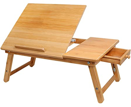 MantraRaj Bamboo Laptop Desk – 52x35cm Adjustable Height 22-30cm with Drawer Ideal for Bed, Sofa or Floor, Perfect for Work, Study, Breakfast, Dinner | Lapdesk | Study Table | Bed Desk | Laptop Stand