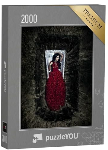 puzzleYOU: Puzzle 2000 Teile „Halloween: Junge schöne Frau in einem offenen Grab, Sarg, rotes Kleid“ – aus der Puzzle-Kollektion Vampire