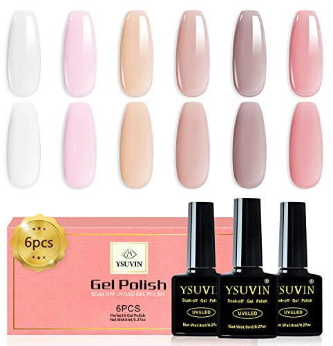 YSUVINUV Nagellack, 6 Farben Milchig Weiss Rosa Nude Transparent Gel Nagellack Soak-off UV Gellack für Frauen Home Hochzeitsfeier DIY Nail Art Salon Maniküre, 8ML