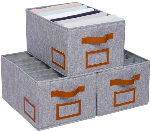 OUTBROS 3 Stück Kleiderschrank Organizer, boxen aufbewahrung, Faltbare Aufbewahrungsboxen, Stoff Kleideraufbewahrung Organisation mit Fächern, für Hosen, Hemden, 38x26x20cm, Grau