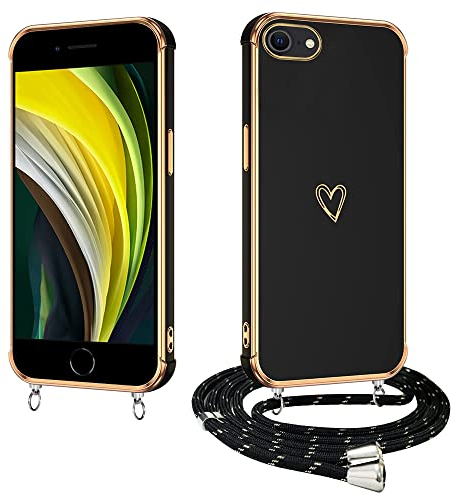 E-Lush Handyhülle für iPhone 7/ iPhone 8 Hülle mit Band, Handy Hülle für iPhone SE 2020/ iPhone SE 2022 mit Kette Schutzhülle Herz Galvanik Silikon Stossfest Case mit Kordel zum Umhängen Schwarz