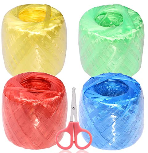 Tanstic 4 Rolls 4 Colors Polyester Nylon Plastic Rope Twine with Scissors, 35MM Width and 180M/590Ft Length Plastic Rope for Packing, Gardening(Green/Red/Yellow/Blue)
