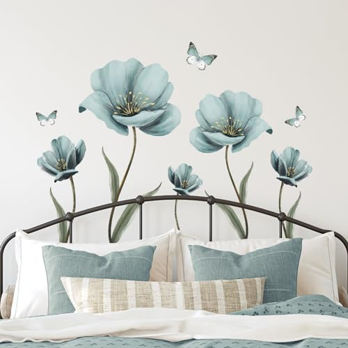 Tanlaby Grande Blu Fiori Adesivi Murali Vintage Fiori Adesivi da Parete Removibili Stickers Muro per Camera da Letto Soggiorno Ufficio Divano TV Decorazione Parete