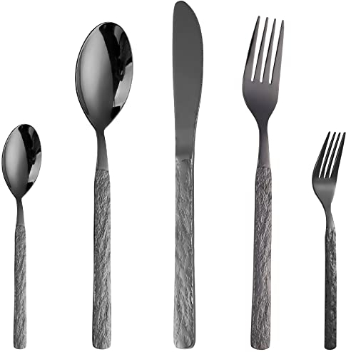 CAOPAOTI Besteckset Matt Schwarz 60 teilig, Edelstahl Besteck Sets für 12 Personen, Essbesteck Set Design mit Messer Gabel Löffel, Spülmaschinenfest