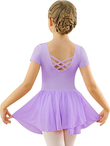 Mulnall Ballettkleid Mädchen Ballett Kleid Kurzarm Langarm Criss Cross Baumwolle Balletttrikot Gymnastik Kinder Tanzbody mit Rock Tütü Kostüm Tanzbekleidung 2-12 Jahre(2140-09-XL)