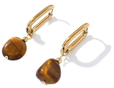 Edelstein Ohrringe Damen,Elegante Kleine Baumelnde Goldene Ohrringe Mit Tigerauge-Anhänger – Ovale Ohrringe Für Frauen