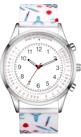 JewelryWe Schwesternuhr mit Pulsskala Silikon Uhren: Damen Analog Quarz Armbanduhr Frauen Weiß Blumenmuster Silikon Armband Ärzte Krankenschwester Uhr mit Pulsberechnungsskala