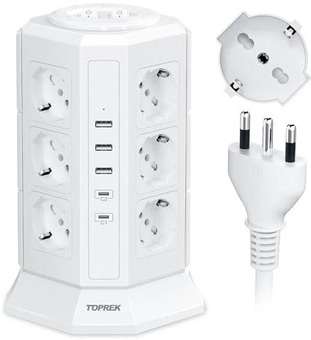 TOPREK Vertikale Mehrfachsteckdose mit 12 Universalsteckdosen ITA 10/16A und Schuko und 2 USB C und 3 USB A (USB-C1 20W PD3.0 Schnellladung), 4000W/16A, Mehrfachsteckdose mit 2 Schaltern, 2 m Kabel,