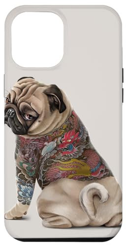 Hülle für iPhone 15 Plus Mops Hund mit traditionellem japanischem Drachen Tattoo Irezumi