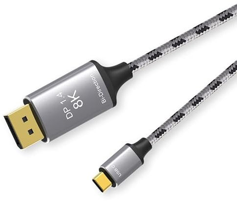 USB C a Displayport Cable 8K @ 60Hz, Bidireccional DP a USB C o USB C a DP Cable Adaptador, Plug and Play, Compatible con Ordenador Portátil, Teléfono Móvil, Monitores (6.6ft)