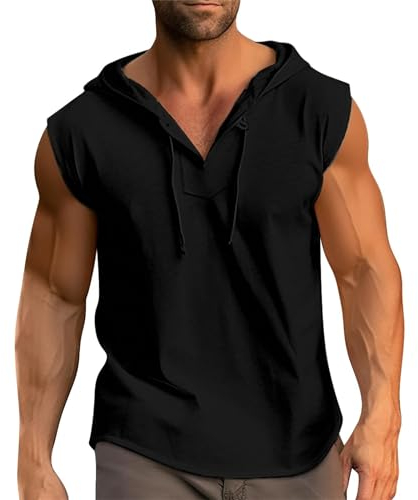 Tank Top Herren Baumwolle Leinen Gym Bodybuilding Hoodie Shirts Mode Ärmelloses Muskelshirts Kaputzenpullover Männer Sport Tanktop Unterhemd T Shirt Workout Weste Fitness Athletic Tee Top (Black, XXL)