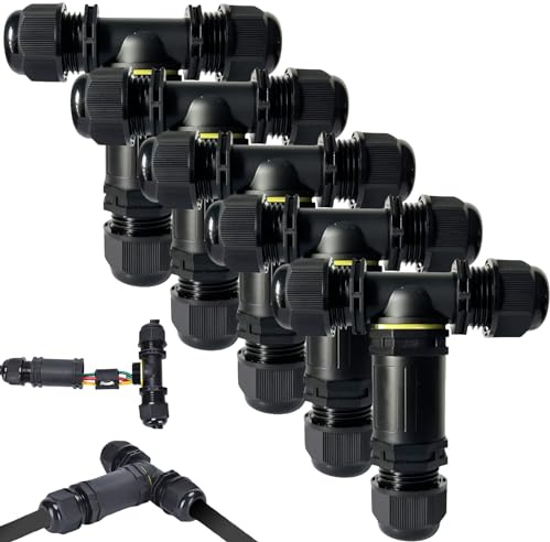 PRITOK Lot de 5 Connecteurs de Câbles Étanches IP68 : Forme T, 3 Voies, 12 mm, 3 Broches, Boîte de Jonction, Manchon de Câble de Jardin (Noir, M25)