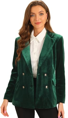 Allegra K Sammetsblazer för damer, med , långa ärmar, dubbelknäppt kavaj med fickor, Mörkgrön, L