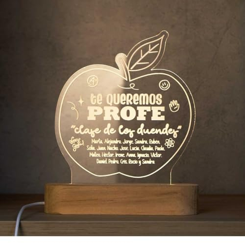 DEREGALOOS Lámpara LED Personalizada Profe con nombres. Placa de metacrilato personalizada profes. Regalo original para profes. Regalo Fin de Curso profesores. Base incluida. (Te queremos profe)