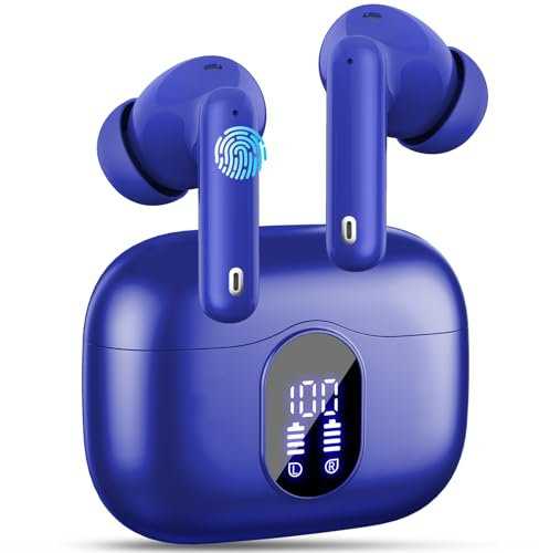 Wireless Earbuds, Bluetooth 5.3 Headphones In Ear with 4 ENC Noise Cancelling Mic, 2025 Bluetooth Earphones Mini HI-FI Stereo Sound, LED Display Wireless Headphones 36H Playtime IP7 Waterproof, Blue