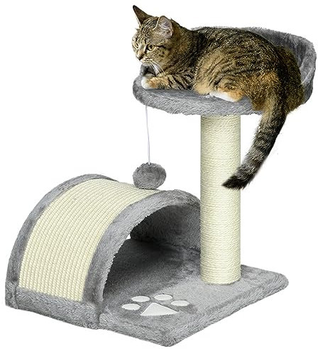 PawHut Árbol Rascador para Gatos Pequeños Altura 46 cm de 2 Niveles Árbol para Gatos con Poste Tablero para Rascar Plataformas y Juguete de Bola Colgante 35,5x37x46 cm Gris