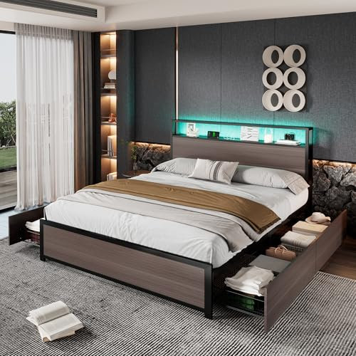 Merax Double bed frame, 4ft6 double Metal Bed with 4 Storage Drawers, LED light strip, 3 USB port, for adults & teenagers(No Mattress), Grey/135CM*190CM