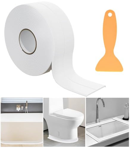 1 rouleau de bande d'étanchéité pour salle de bain, blanc, imperméable, pour toilettes, baignoire, douche, coin mural, cuisine avec outil d'étanchéité