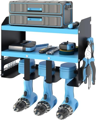 Power Tool Storage, Wall Mount Drill Holder for 4 Power Drill Tools, Power Drill Tool Holder, Heavy Duty Tool Shelf, 3 Layers Tool Rack with Side Screwdriver Rack for Garage, Workshop (Blue)