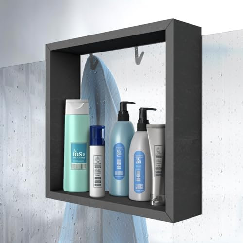 nobellgo Duschablage ohne Bohren, zum Hängen, Innovatives Rahmen Design, Kompatibel mit Allen Duschwänden, Duschregal für Shampoo und Duschgel, Haken für Handtücher, Schwarz