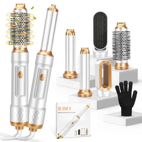 Hair Styler 5 in 1, Hot Air Stylers Hair Dryer Set-with Curlers, Straighten, Volumise and Hairdryer Brushes for Styling, for All Hair Types Negative Ion Hair Care (White)