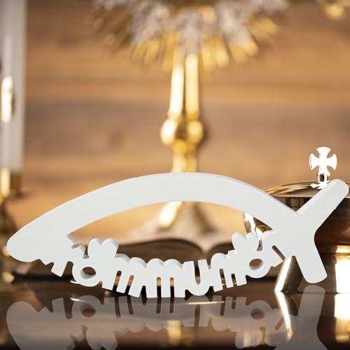 Kommunion Deko Holz,Kommunion Holzschriftzug zur Tischdekoration, Weiße Erst kommunion Tischdeko im Fisch Stil,Hölzerne Erstkommunion Dekoration, White Fish Design.(27x11x1.5CM)