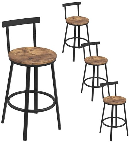 WOLTU Tabouret de Bar Lot de 4 avec Repose-Pieds et Dossier, Tabouret Haut sans Accoudoir, Cadre en Métal, Marron Rustique, BH430vbn-2