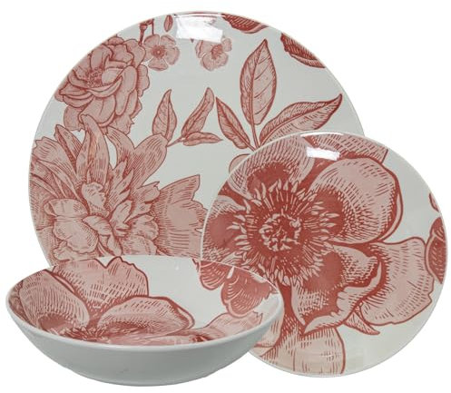 Vajilla de 18 piezas de porcelana con flores en rosa 26x6x26 cm