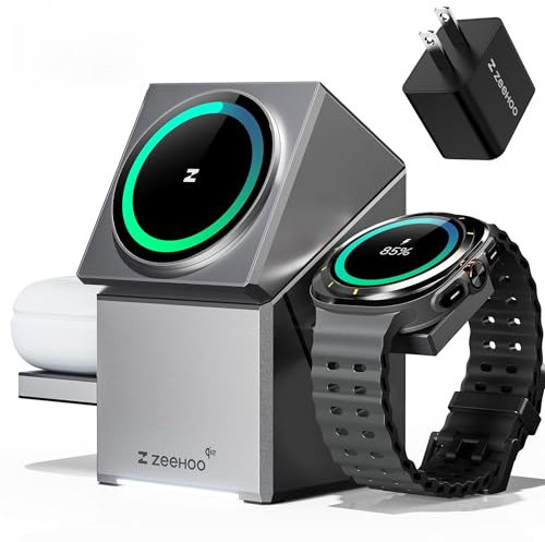 ZEEHOO 3 in 1 Ladestation Apple, Magsafe Ladestation für Samsung Galaxy Watch Ultra, 15W QI2 Wireless Charger für iPhone 16 15, 14, 13, 12 Serie und AirPods(30W USB-C Ladegerät enthalten)