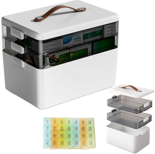 Ruspela Scatola Medicinali 3 livelli Porta Pillole Viaggio Medicine Casa Contenitore di Pronto Soccorso con 7 Giorni e 4 Volte al Giorno, Organizer Medicinali Multi Griglia per la casa, all'aper