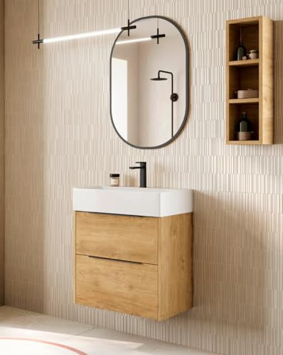 Mueble Baño Suspendido a Pared Fondo Reducido | 2 Cajones con Lavabo Cerámico | Roble Natural Tirador Negro | 60cm