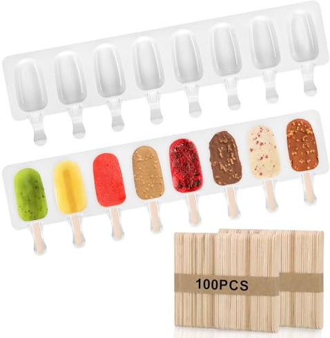MICHIHOMIE 2 Stück Eis am Stiel Formen, 8 Kavitäten Silikon Eisformen mit 100 Holzstielen, Wiederverwendbare Popsicle Formen BPA Freie für Kinder und Erwachsene