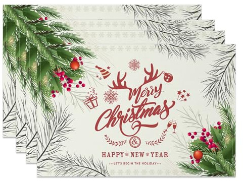 MIRRORANG Tischsets Frohe Weihnachten und EIN glückliches neues Jahr 4er Set, 45x30cm, Weihnachtskugeln, Tannenzweige, Schneeflocken, wasserfest, für Partys, Esszimmer, Dekoration
