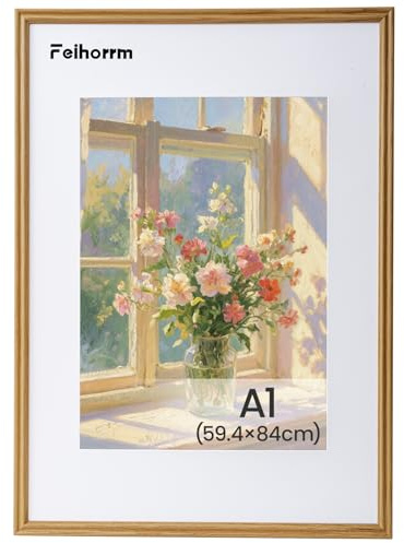 Feihorrm Vintage Bilderrahmen, A1 Eiche Massivholz Fotorahmen, Mit gehärtetem Glas, Für 59,4x84 cm-Fotos ohne Passepartout oder 41x58,4 cm-Fotos mit Passepartout (Beige, A1 (59,4x84 cm))
