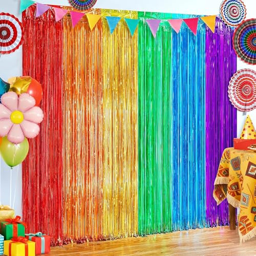 2 Lametta Vorhang Regenbogen Deko, Lametta Vorhang Bunt 3.3 x 6.6 Fuß für Karneval, Faschings, Kindergeburtstag Party, Festivals Party Deko, Glitzervorhang Lametta