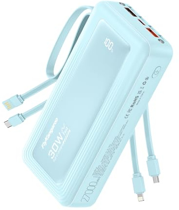 FlyKangaroo Powerbank 27000mAh mit 4 integrierten Kabel, 30W Power Bank USB C Schnellladefunktion mit LED Display, Externe Handyakkus für iPhone 17/16/15/14/13/12/11 iPad Samsung Galaxy