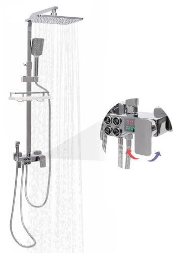 Duschsystem 4 Strahlarten,Duscharmatur Komplettset mit Quadratische Regendusche,Handbrause,Booster-Spritzpistole und Wasserhahn,Duschset mit LED-Digitalanzeige,Höhe verstellbar 70-115cm (Silber)