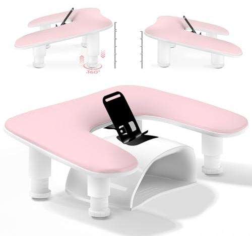 Nail Tech Arm Hand Rest for Manicurist,Adjustable Nail Hand Rest with Phone Holder,PU Leather-Pink