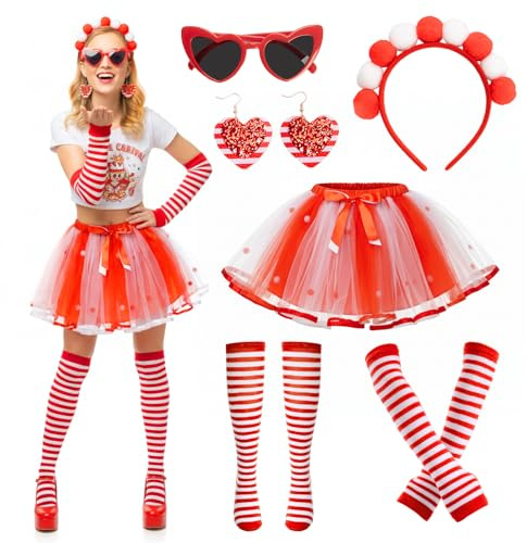 ZJKUBOIS 7 Stück Karneval Rot Weiss Damen - Tüllrock Rot Weiß, Haarreif, Ringelstrümpfe, Handschuhe, Karneval Gesichtstattoo, Herz Brille & Ohrringe für Kölner Karneval, Party - Faschingskostüme