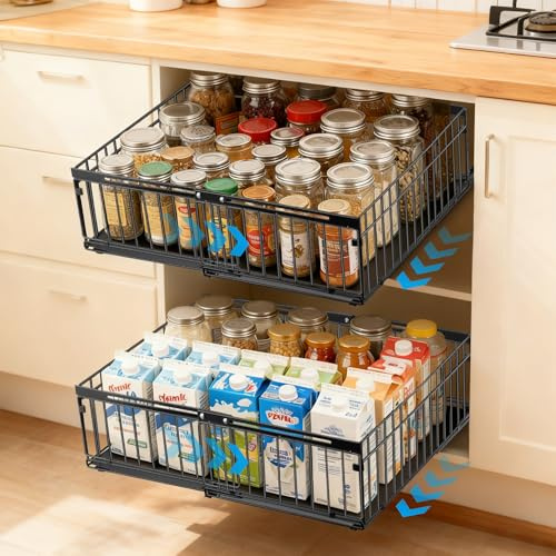 EOJDDPA 2 Stück Ausziehbare Schublade Küche,Teleskopschublade | küchenschrank organizer ausziehbar schubladen,Verstellbare Breite 30-51 cm, Tiefe 41cm, Kleben oder Schrauben