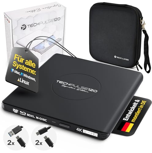 techPulse120 Externes USB 3.1 USB-C UHD 4k 3D M-DISC Blu-ray DVD CD HDR10 128GB Laufwerk Brenner Burner Signature Paket Tasche 90cm Anschlusskabel Aluminium (Schwarz)