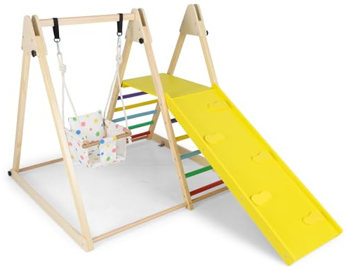Maxmass Kids Climbing Frame, Wooden Children Climber Playset with Swing, Ladder, Garden Toddler Jungle Gym Playground for Indoor Outdoor (with Climbing Ramp: 120x185x115cm, Colorful)