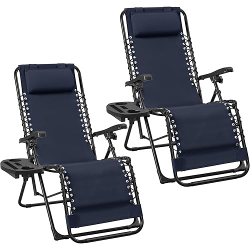 Abician Transat en Textilène avec Plateau Amovible Lot de 2 Chaise Longue Pliante de Zéro Gravité Inclinable Fauteuil Relax pour Bain de Soleil Piscine Jardin Terrasse Charge 114kg Bleu