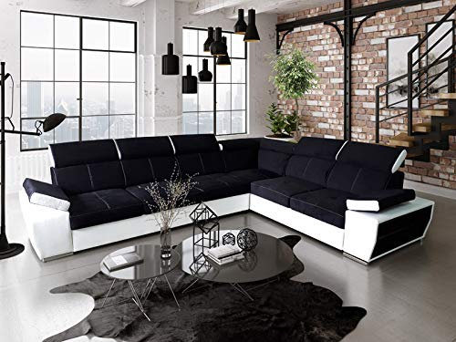 Ecksofa mit Schlaffunktion Latte - Schlafsofa mit Bettkasten - Eckcouch 334x264 cm - Wohnlandschaft L-Form - Schwarz/Weiß - Gewebe mit Kunstleder - mit Ablage - Seite rechts 19