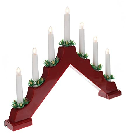 Festive Christmas Static 7 LED RED Wood LED CANDLE ARCH/CANDLELIER/bridge - Battery with Timer
