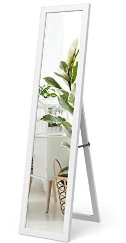 RELAX4LIFE Specchio a Figura Intera 2 in 1, Specchio da Terra e da Parete in Legno con Cornice Rettangolare, Specchio Inclinato da Pavimento, per Camera da Letto, Soggiorno e Ufficio (bianco)