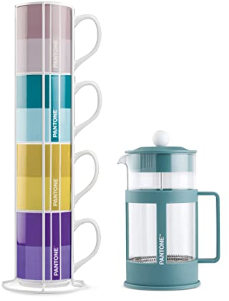 Egan Lot de 4 mugs Impil. avec Metalrack Pantone Linear + French Press Bleu 1000 ml