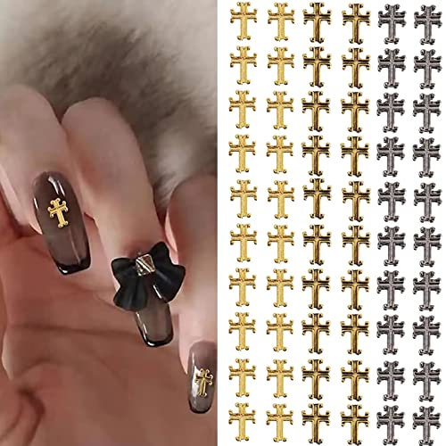 RUNRAYAY 60Pcs Cross Nail Art Studs for Nail Art Accessories, Gold & Silver & Gray 3D Metal Retro Punk Nail Charms, Cross Shape Nail Decoration for Women Girl DIY Nail Art Decor