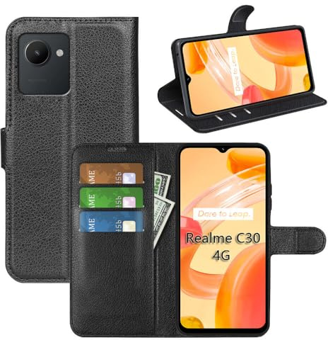 betterfon Handyhülle Kompatibel mit Realme C30 | Premium Qualität TPU Klapphülle für C30 mit Kartenfächern | Magnetverschluss Handyhülle | Schwarz