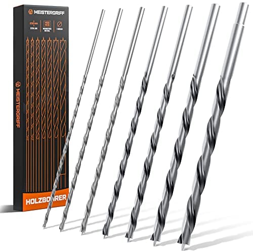 MEISTERGRIFF® Lot de 7 forets à bois longs – Forets extra tranchants – Forets hélicoïdaux stables et incassables – Diamètres 4, 5, 6, 7, 8, 10, 12 mm